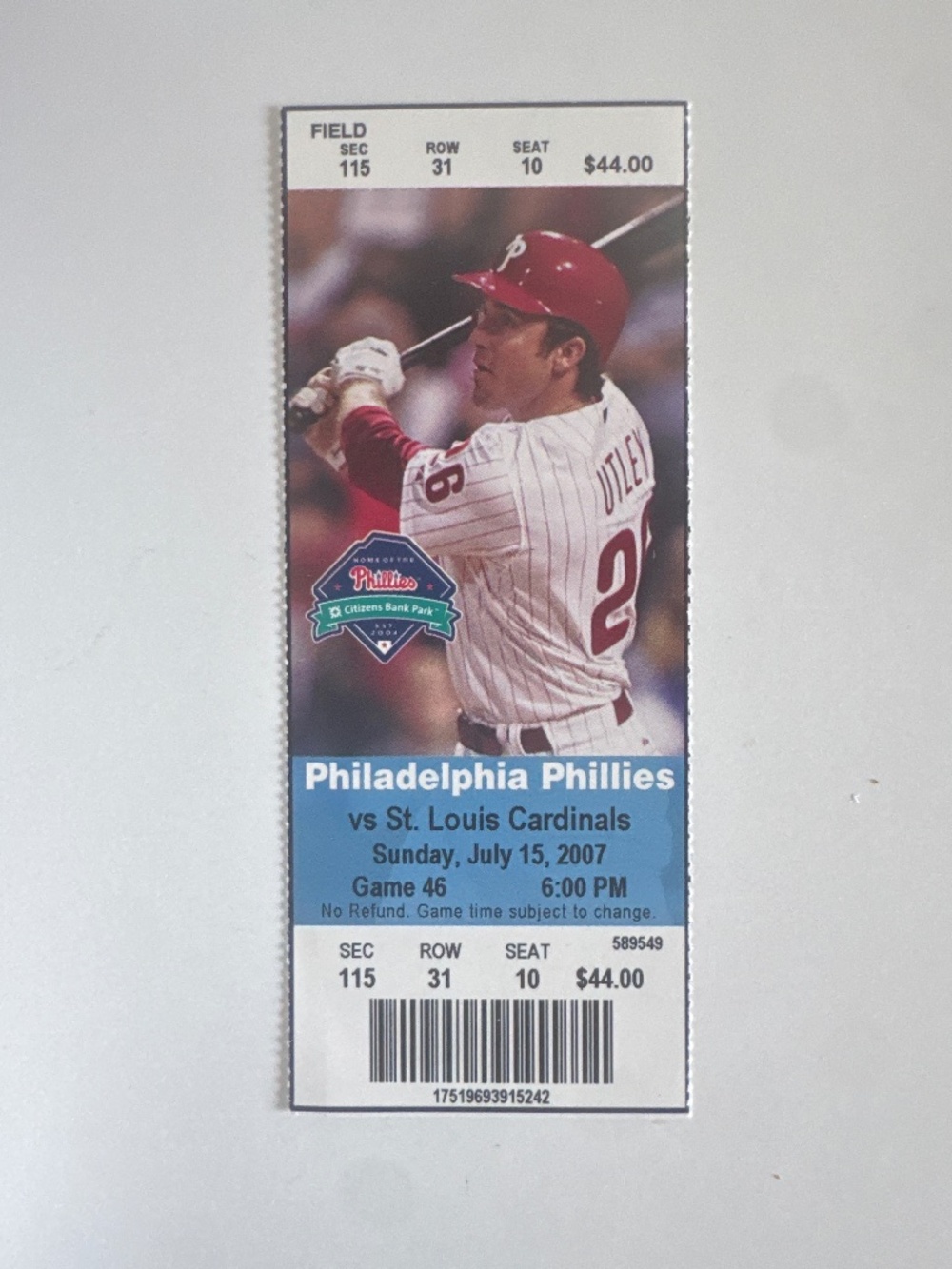 Philadelphia Phillies Unused Ticket 7/15/07 10,000th Franchise Loss